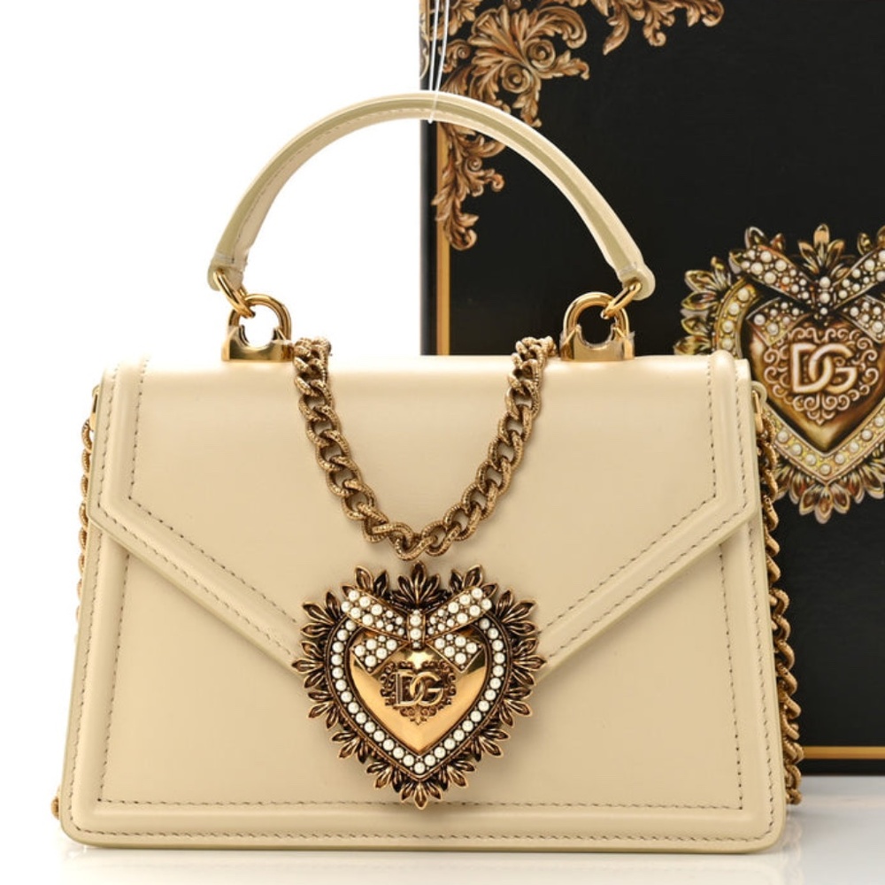 DOLCE & GABBANA Smooth Calfskin Small Devotion Envelope Top Handle Bag Beige
